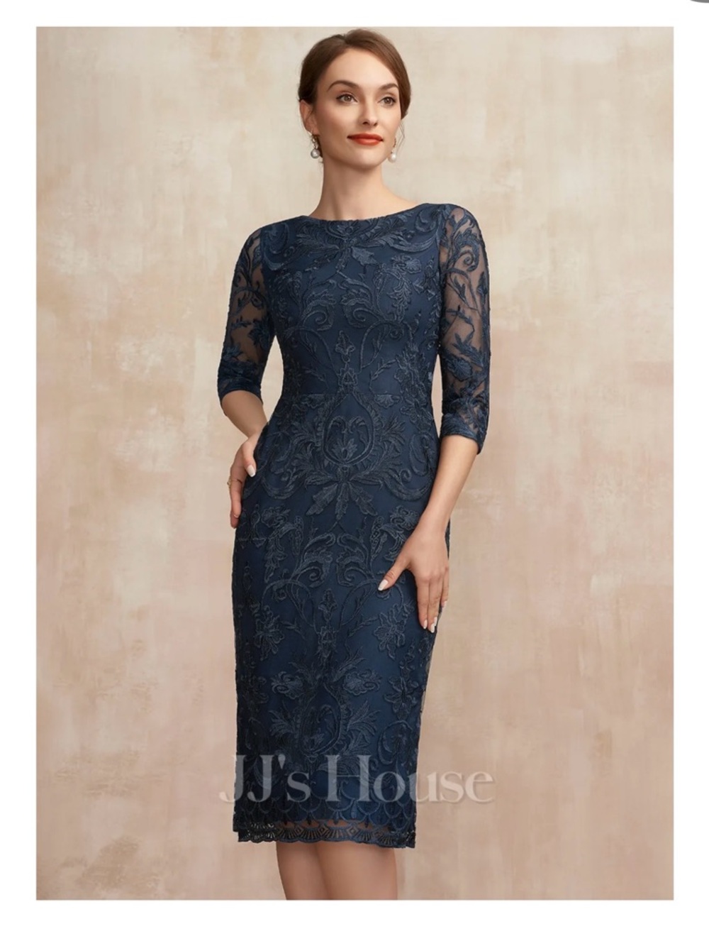JJs House Navy Embroidered Lace Midi Sheath Dress with Three-Quarter Sleeves
